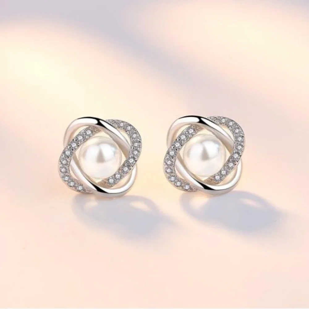 925 Sterling Silver Pearl Diamond Stud Earrings - Picture 3 of 6